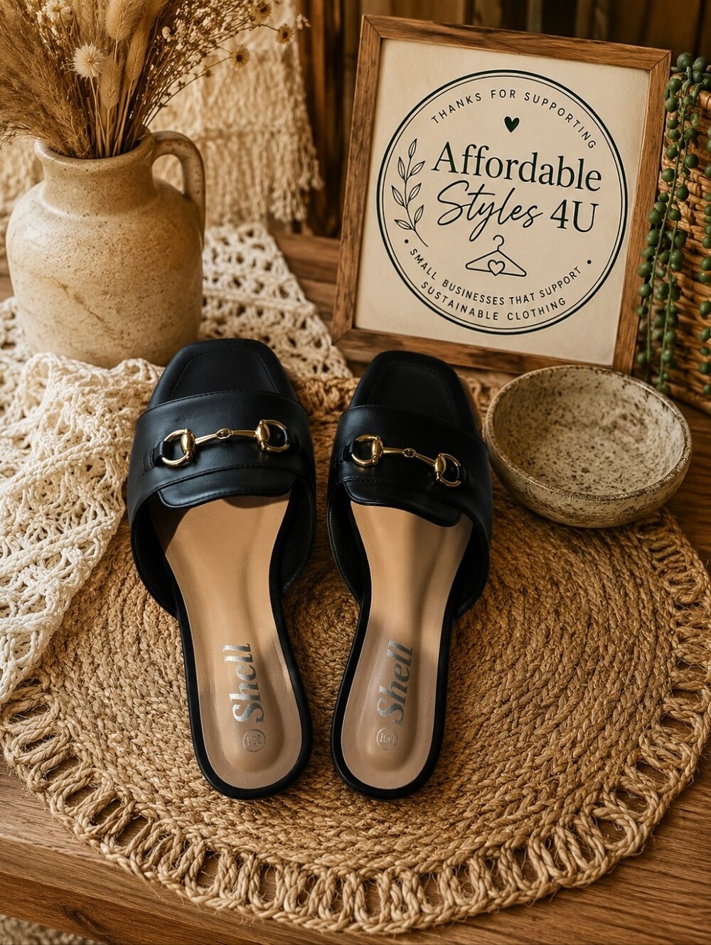 Black Leather Slide Sandals with Gold Hardware 10W